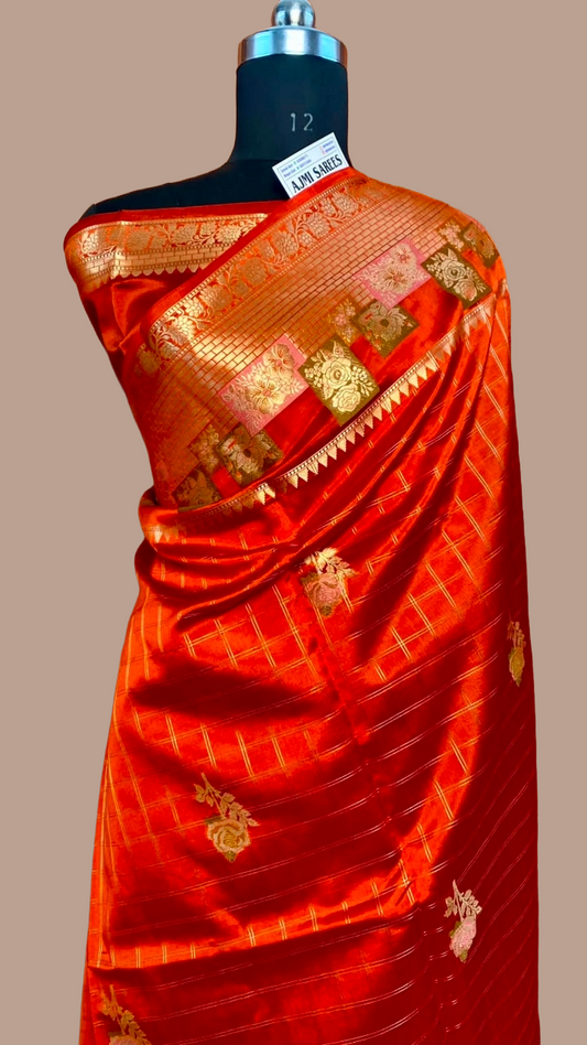 Luxury rust orange Mango Silk saree with traditional Banarasi weaving
