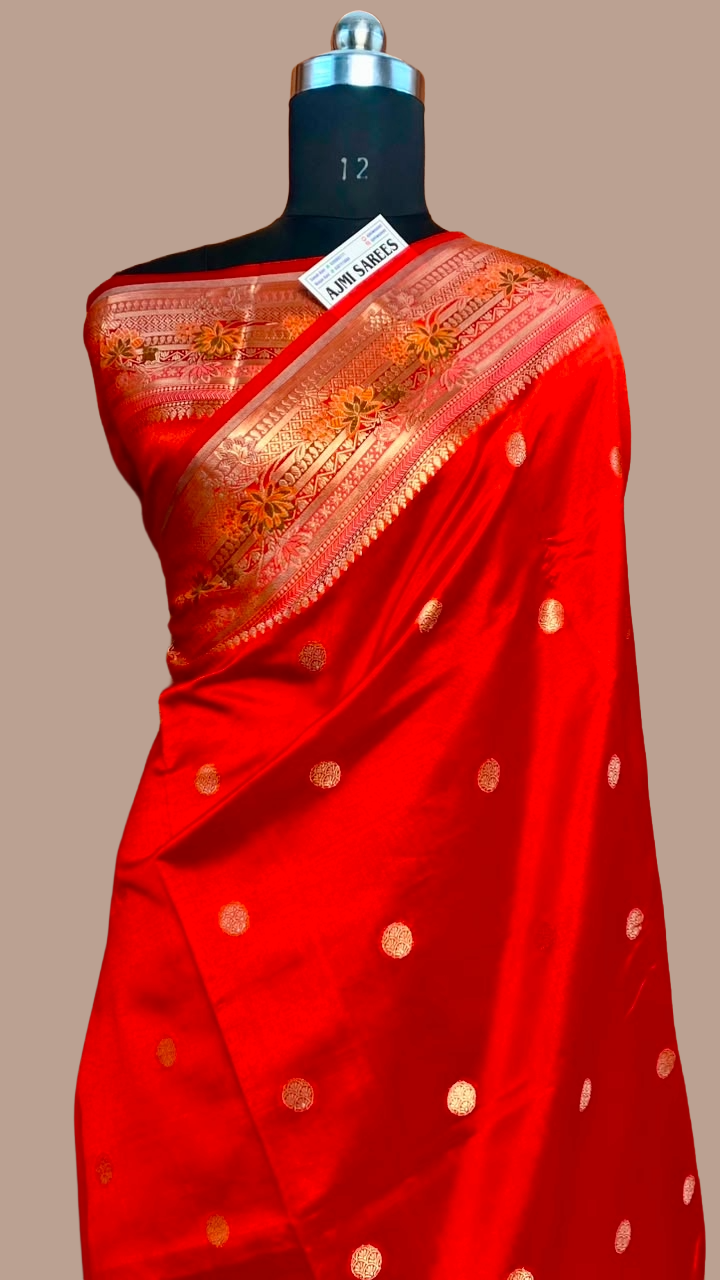 Luxury orange Banarasi saree with Tilfi zari and silver Meenakari weaving