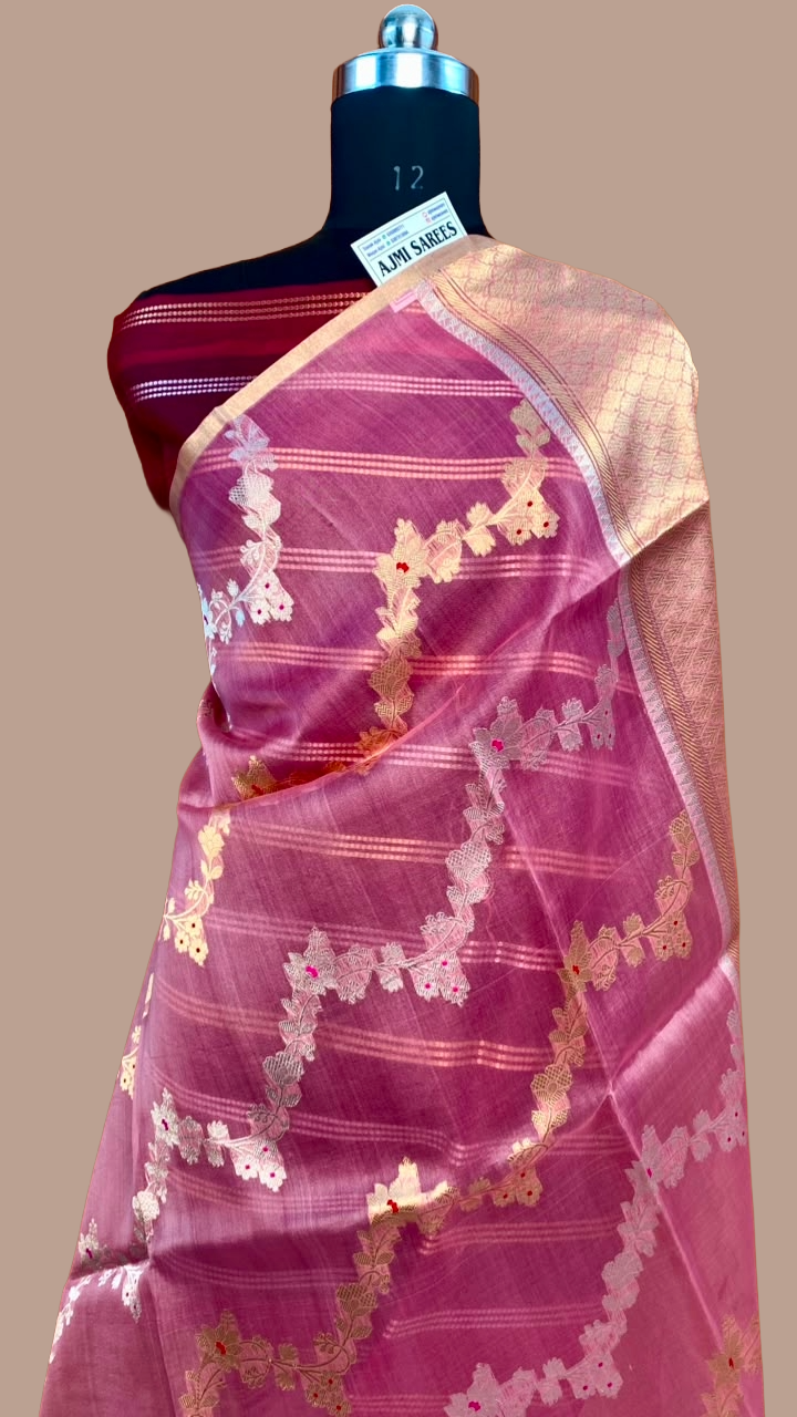 Pure Kora silk onion pink handloom Banarasi saree with Kadwa Meenakari Jangla