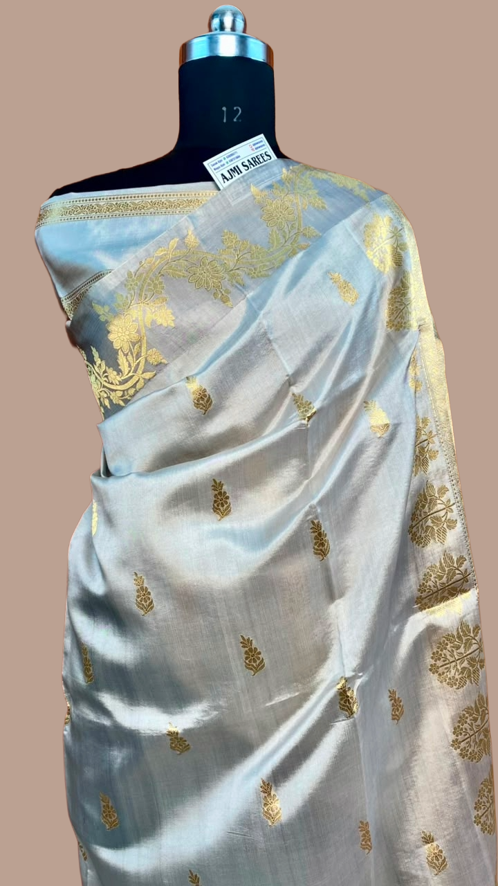 Luxury pure silk handloom Banarasi saree in light grey colour