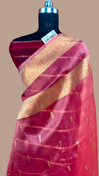 Pure handloom Banarasi saree featuring intricate all-over Kadwa motifs and triple borders
