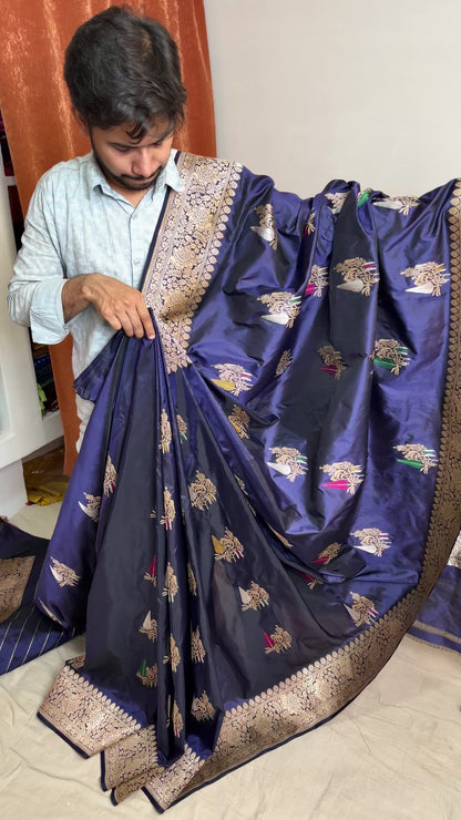 100% Pure Katan Silk Handloom Banarasi Saree in Navy Blue | All Over Kadwa Tilfi Boota
