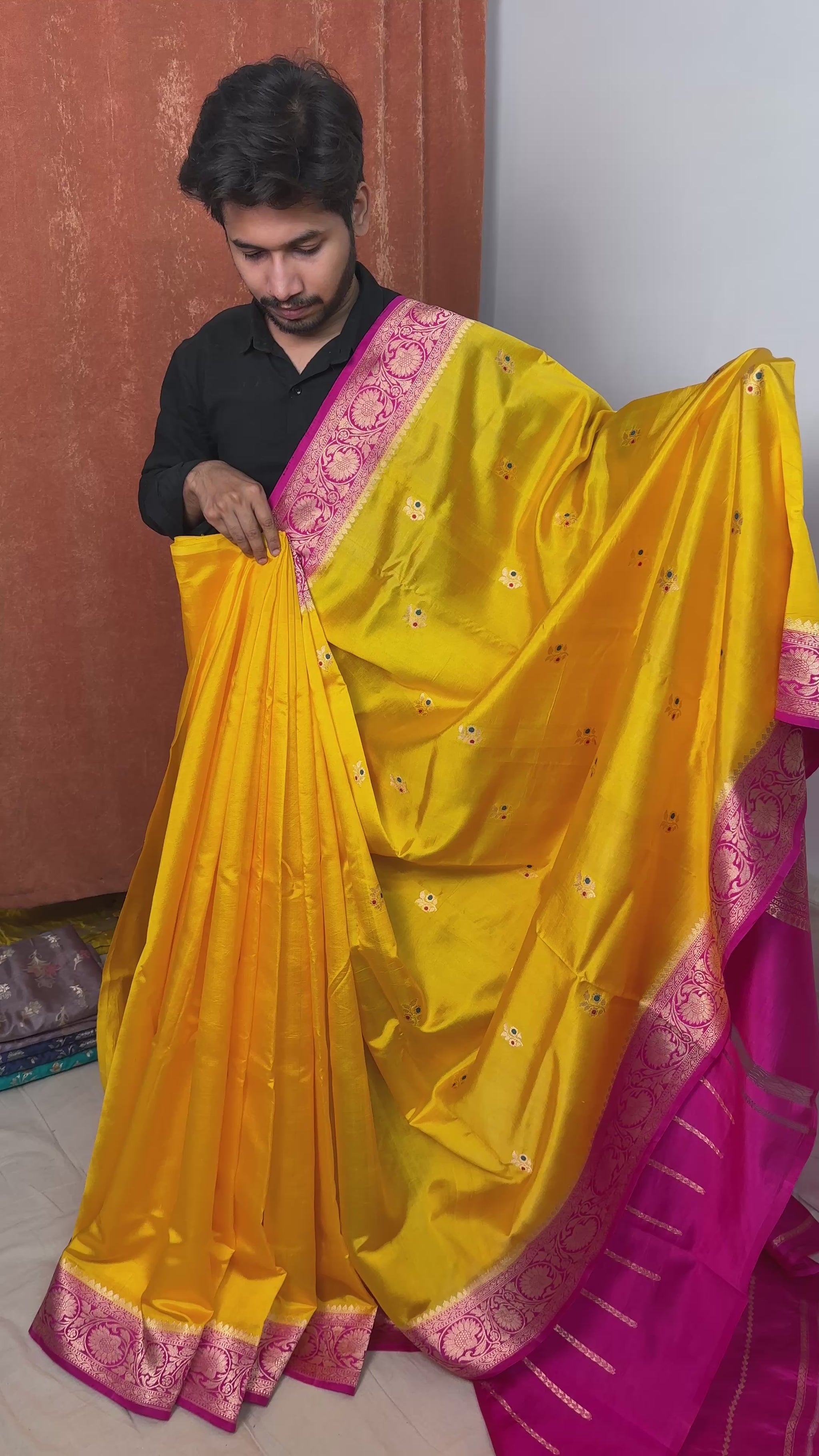Luxury mango silk saree with meenakari motifs full view