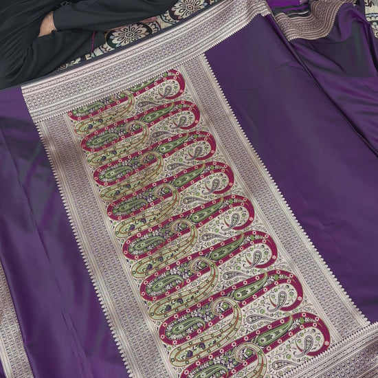 authentic banaras katan silk saree purple with multicolor tilfi pallu