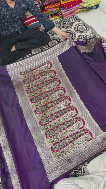 authentic banaras katan silk saree purple with multicolor tilfi pallu