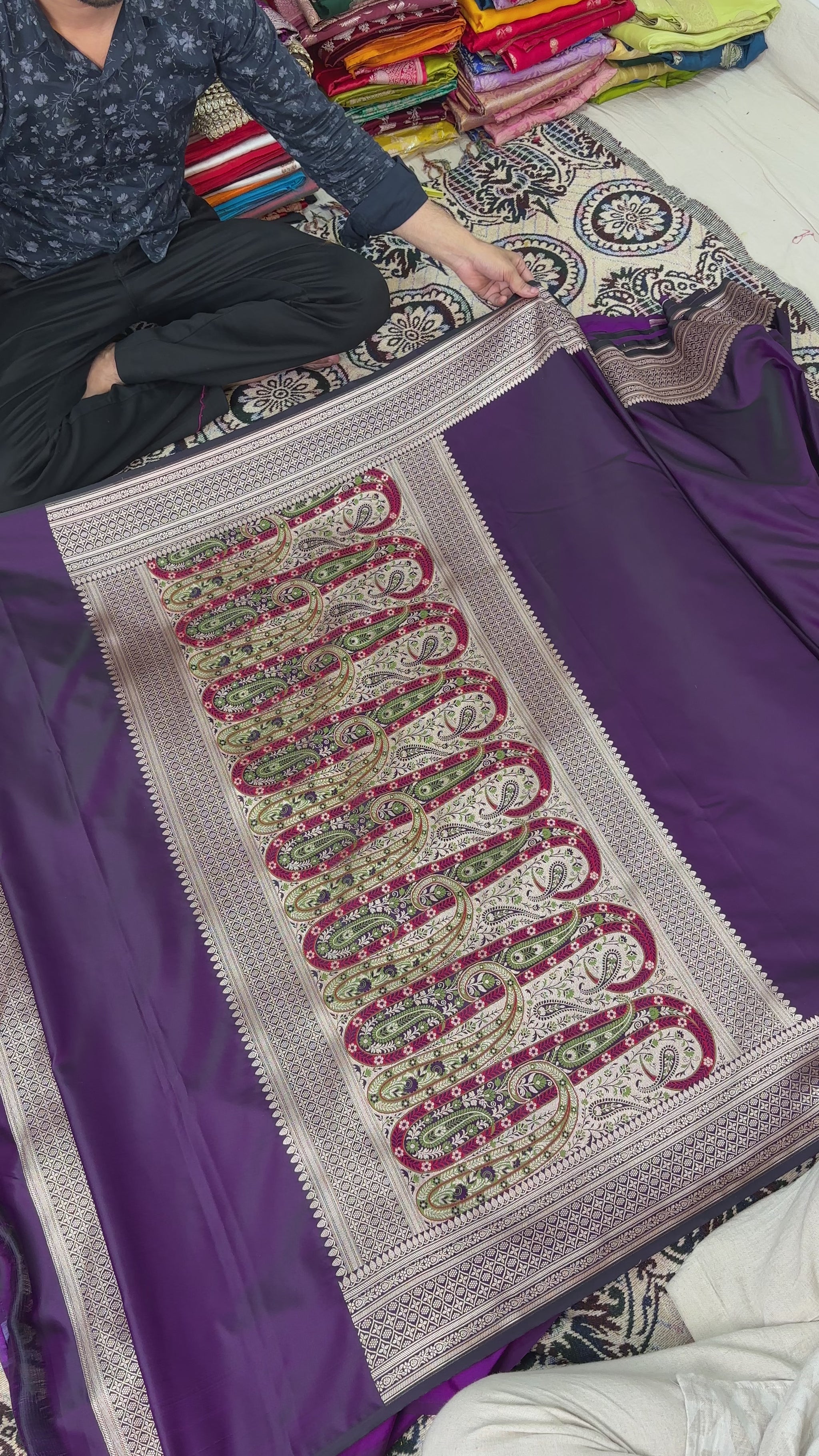 authentic banaras katan silk saree purple with multicolor tilfi pallu