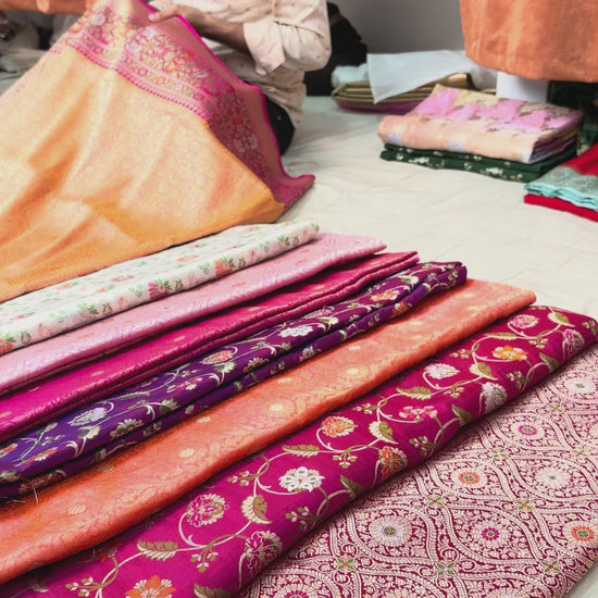 Premium Banarasi Handloom Saree in Peach Dual Tone with Elegant Rani Pink Border