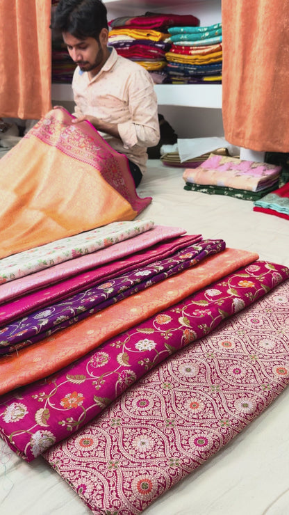 Premium Banarasi Handloom Saree in Peach Dual Tone with Elegant Rani Pink Border