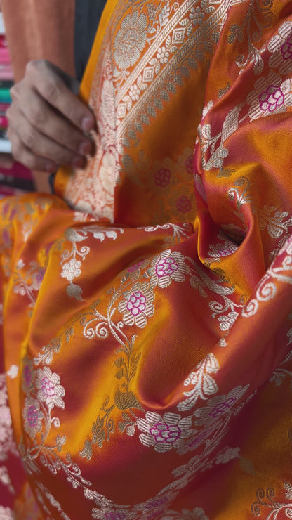 Wedding wear orange Banarasi saree with multicolor meenakari work