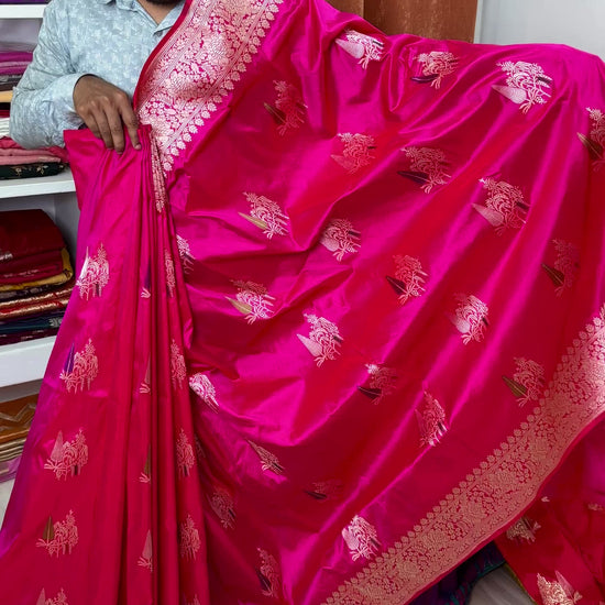 pure katan silk dual tone rani red saree tilfi buta handloom banarasi