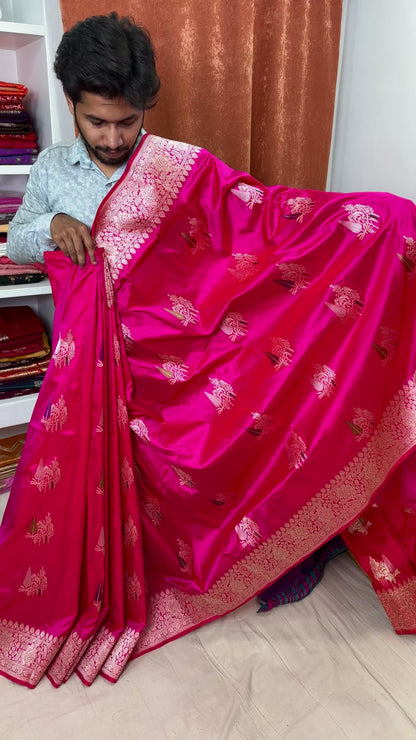 pure katan silk dual tone rani red saree tilfi buta handloom banarasi