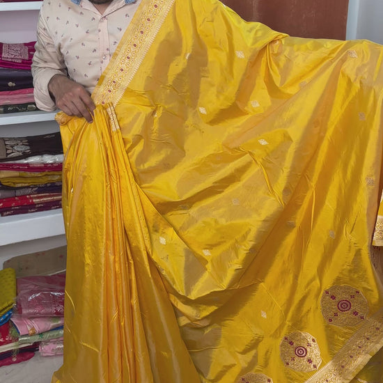 Traditional Pure Katan Silk Saree from Banaras with Kadwa Booti Work and Artistic Meenakari Border