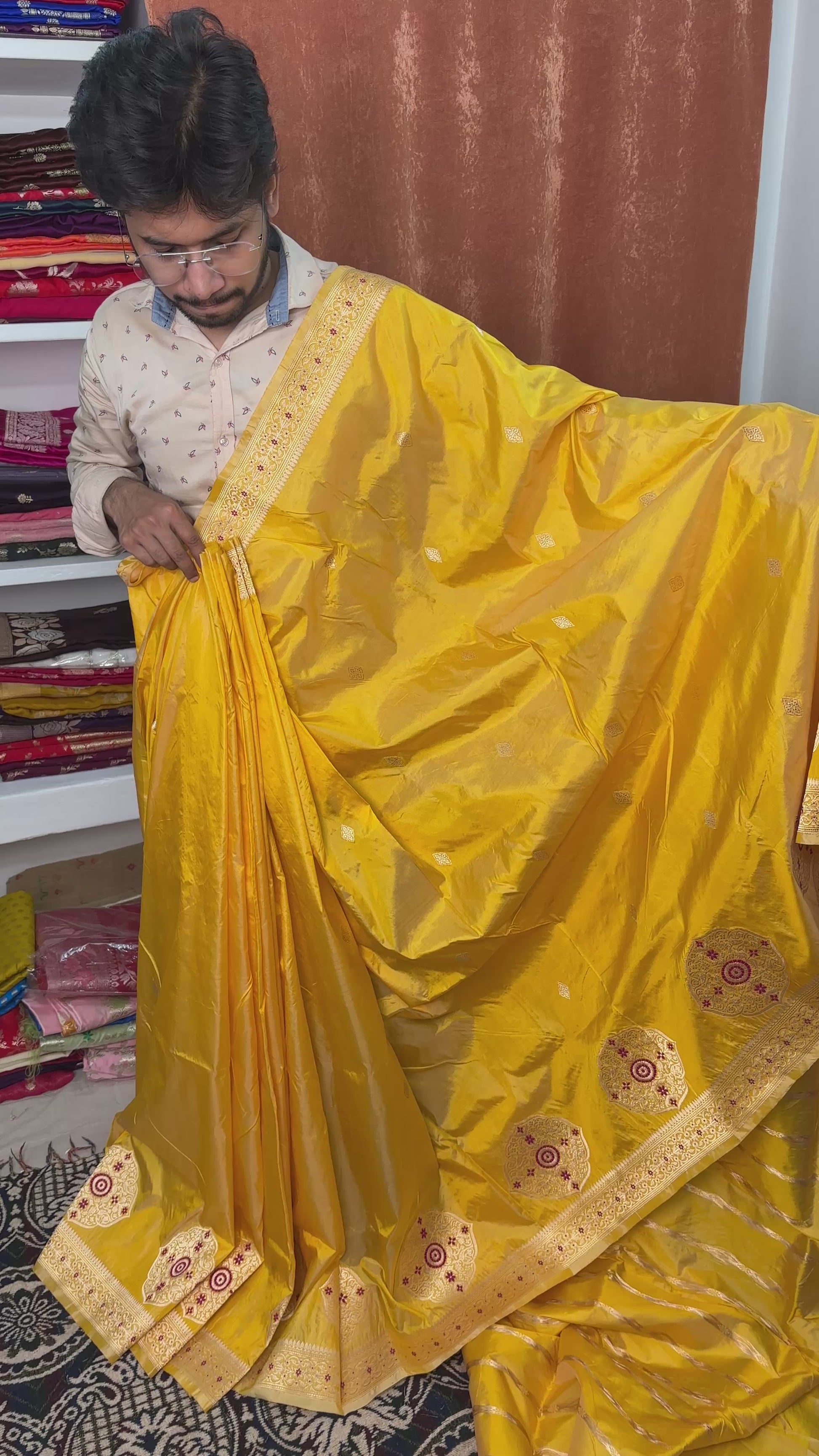 Traditional Pure Katan Silk Saree from Banaras with Kadwa Booti Work and Artistic Meenakari Border