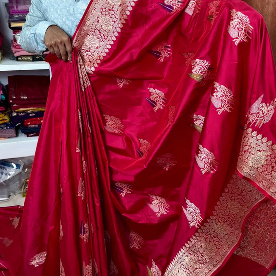 bridal red katan silk saree tilfi buta design