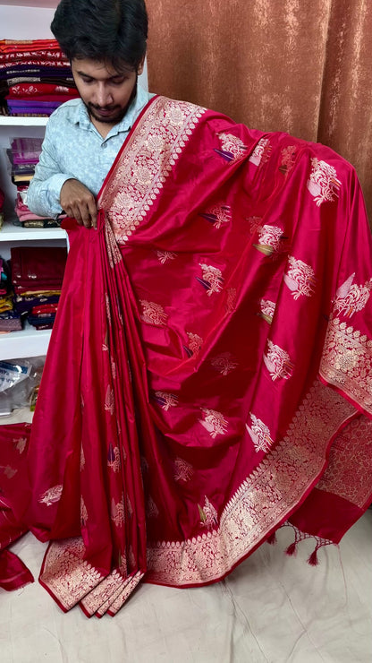 bridal red katan silk saree tilfi buta design