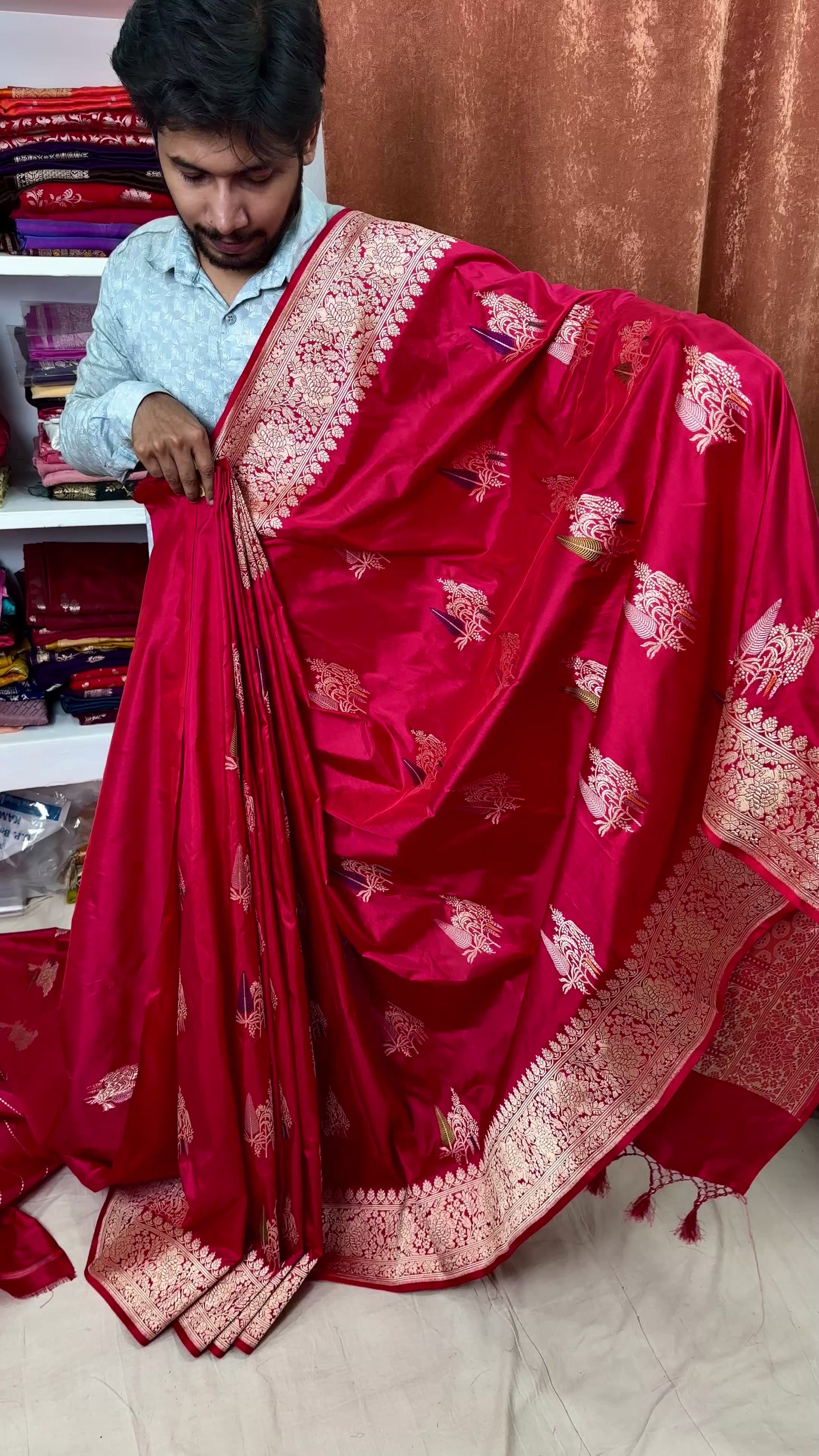 bridal red katan silk saree tilfi buta design