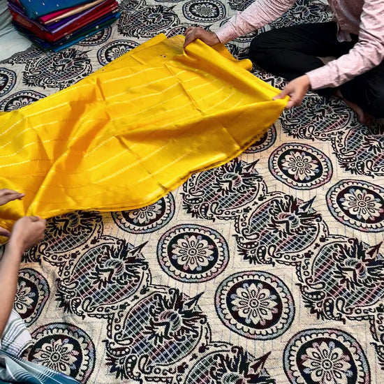 mustard gold pure mango silk Banarasi saree handwoven kadwa technique Varanasi