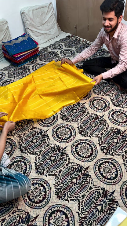 mustard gold pure mango silk Banarasi saree handwoven kadwa technique Varanasi
